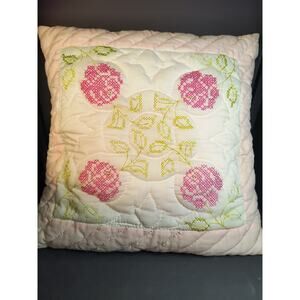 1268.  Cross Stitched Vintage Toss Pillow Pink White
